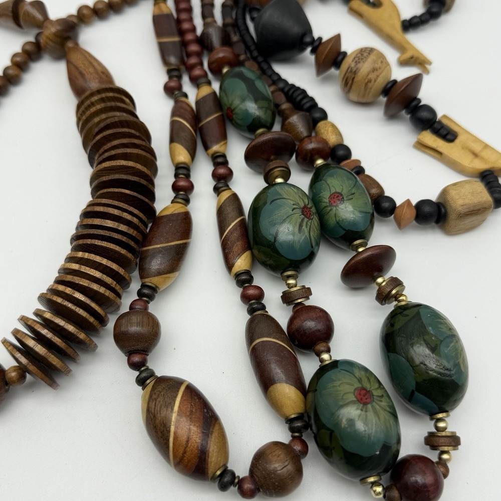 Wood Bead Necklaces Boho Chunky Statement Natural Jewelry Brown Neutral Lot Of 5 - Picture 8 of 8